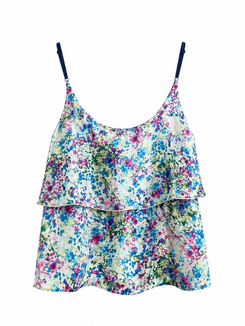GUESS Blue Green & Purple Floral Silky Tiered Ruffle Cami – Size Medium EUC